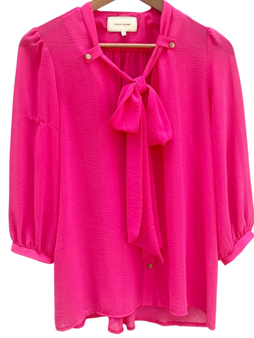 River Island Women's Pink Tie Neck Blouse UK 12 Balloon Sleeve Button Front Top